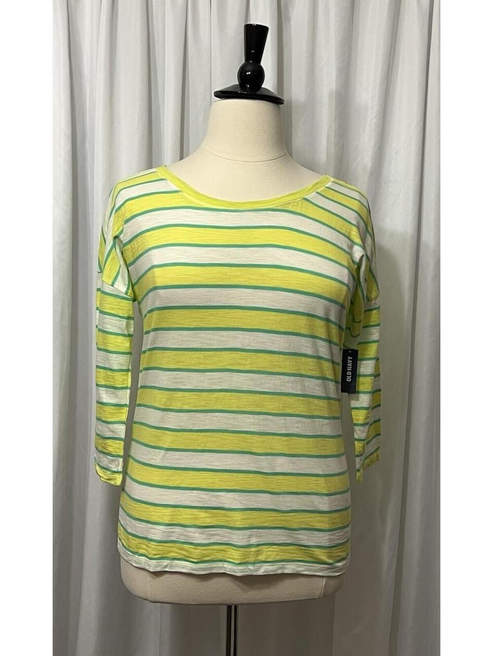Old Navy Women’s  Large Shirt  Yellow -White -Green  3/4 Sleeve - 100% Cotton
